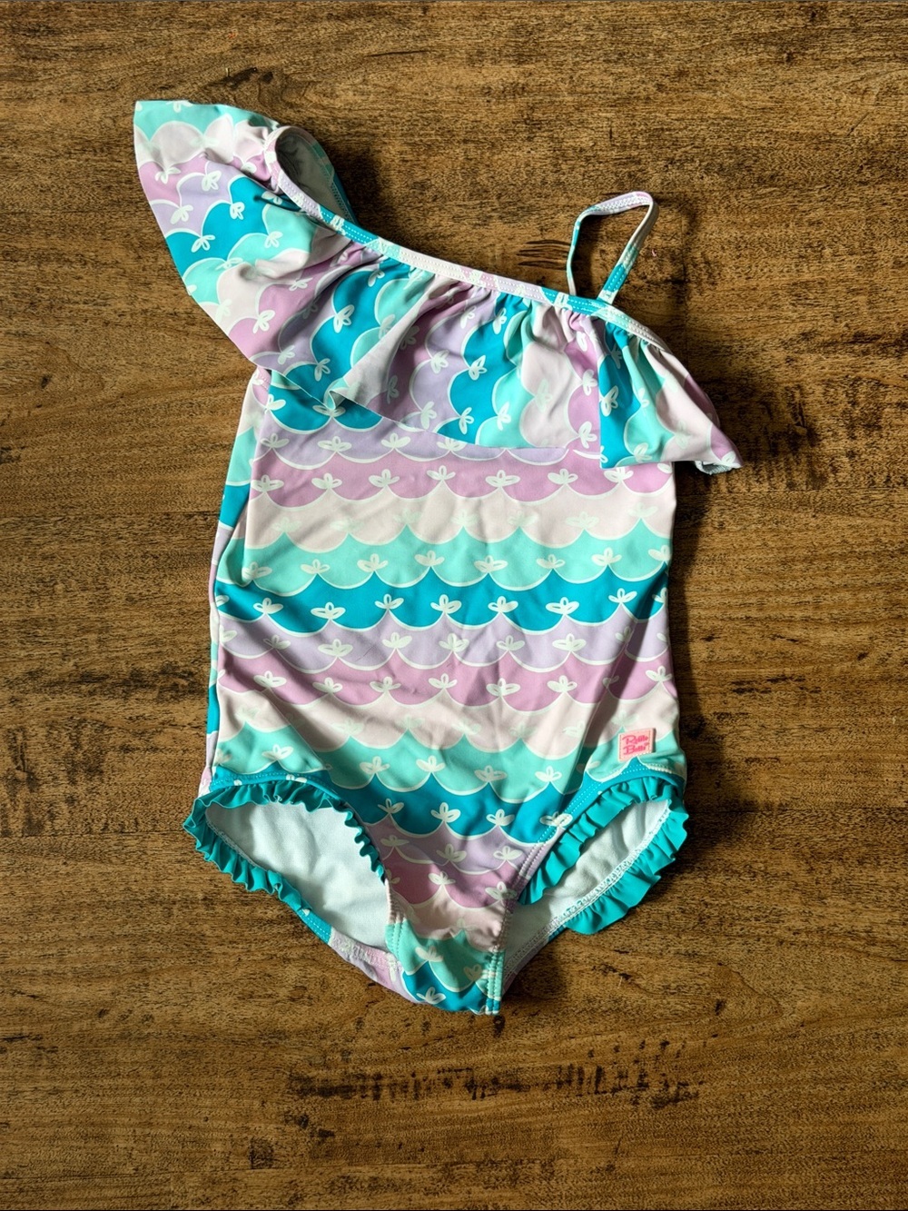 Ruffle Butts One-Shoulder Ruffle Swimsuit in Teal, Lavender & White